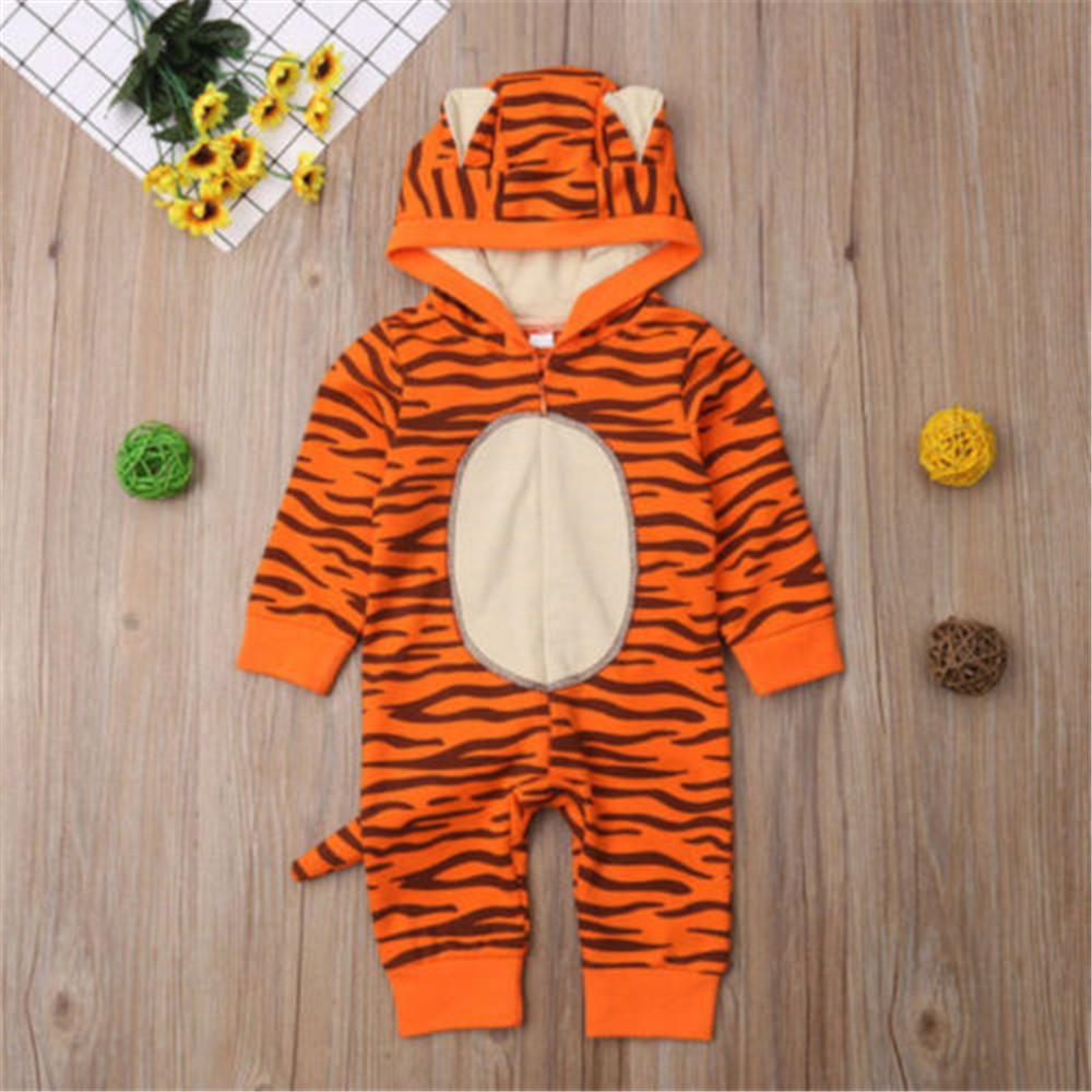 Baby Tiger Animal Print Long Sleeve Hooded Rompers - PrettyKid