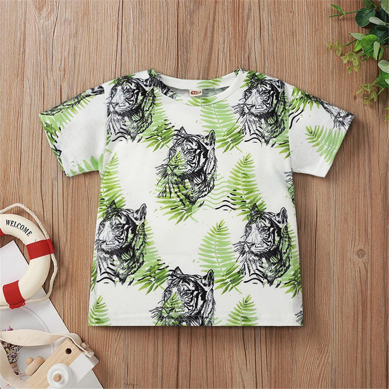 Boys Tiger Leaves Printed Short Sleeve Top Wholesale Boys clothes vendors - PrettyKid