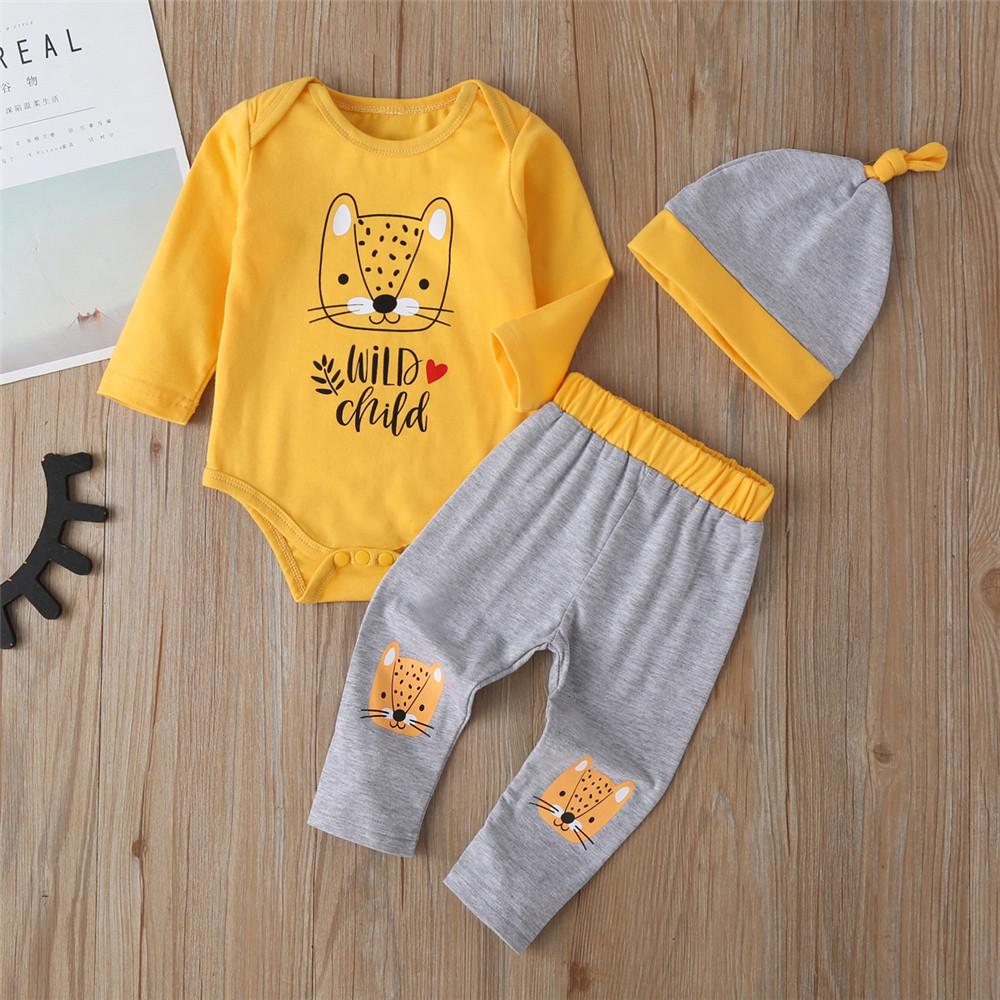 Baby Tiger Printed Long Sleeve Romper & Pants & Hat - PrettyKid