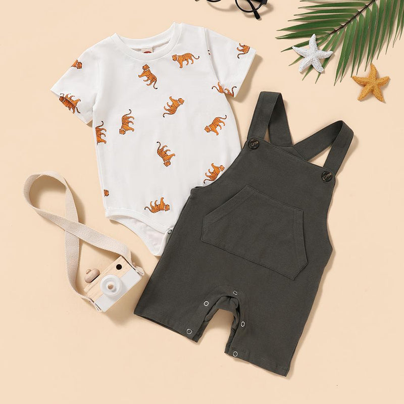 Baby Unisex Tiger Printed Short Sleeve Romper & Overalls Wholesale Designer Baby Clothes - PrettyKid