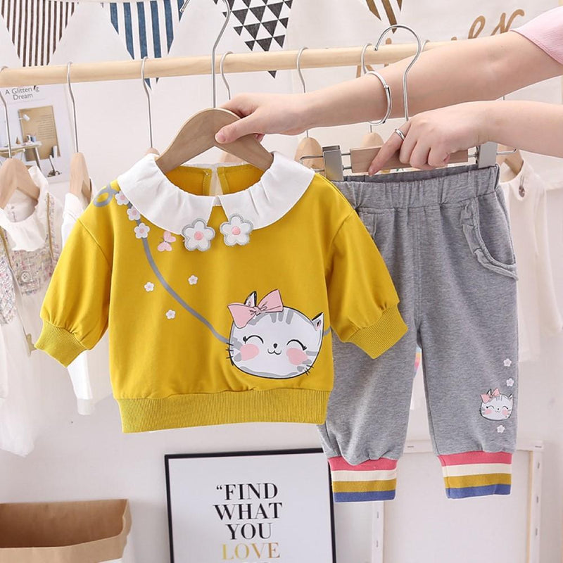 Toddler Girls Cartoon Cat Printed Top & Pants Girl Wholesale - PrettyKid