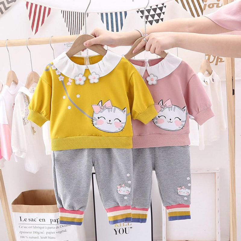 Toddler Girls Cartoon Cat Printed Top & Pants Girl Wholesale - PrettyKid