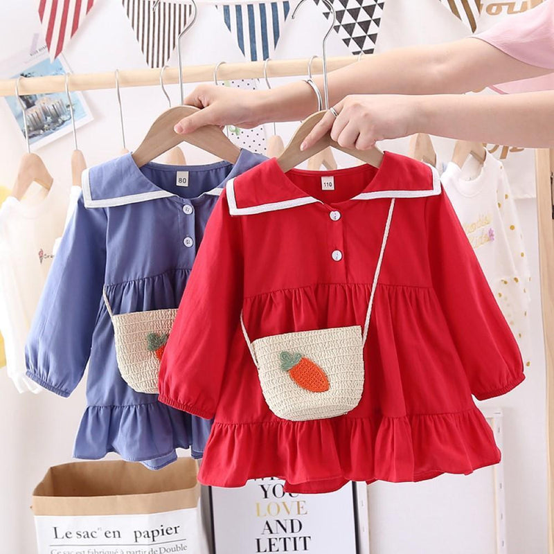 Toddler Girls Lapel Bottons Dress Girls Dress Wholesale - PrettyKid