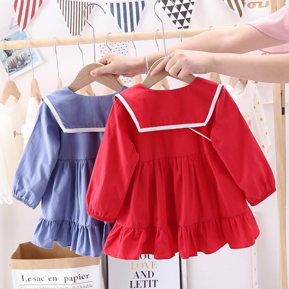 Toddler Girls Lapel Bottons Dress Girls Dress Wholesale - PrettyKid