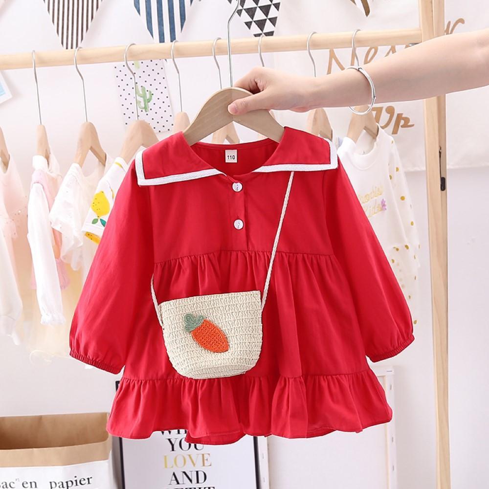 Toddler Girls Lapel Bottons Dress Girls Dress Wholesale - PrettyKid