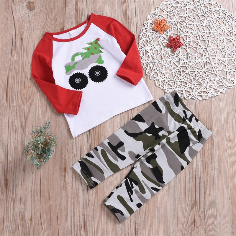 Boys Truck Cartoon Camo Top & Pants - PrettyKid