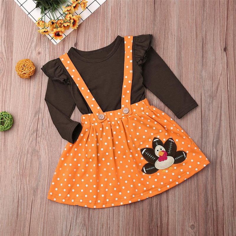 Girls Turkey Day Top & Polka Dot Suspender Skirt Wholesale Girls Clothing - PrettyKid