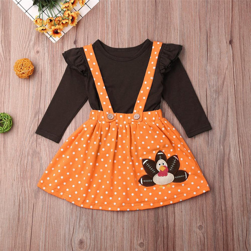 Girls Turkey Day Top & Polka Dot Suspender Skirt Wholesale Girls Clothing - PrettyKid