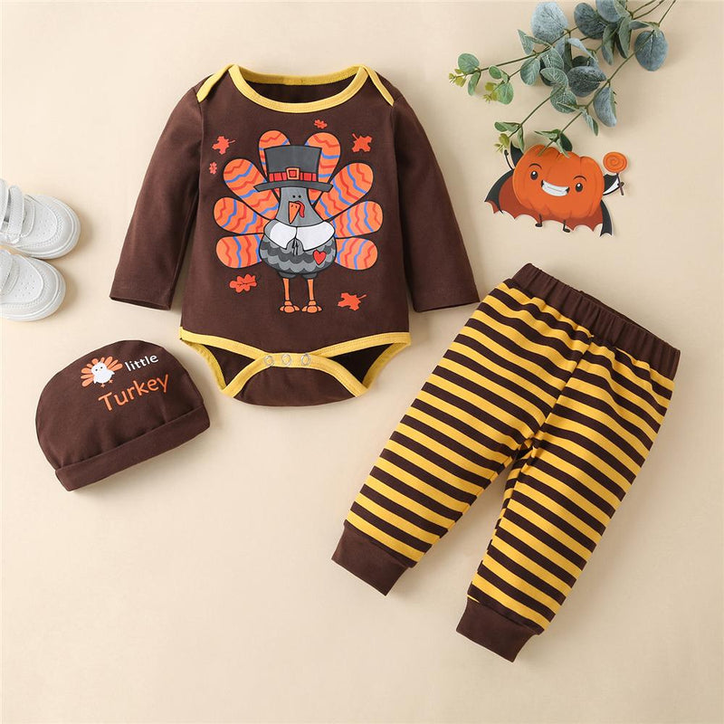 Baby Unisex Turkey Striped Printed 3 Pieces Baby Clothing Cheap Wholesale - PrettyKid