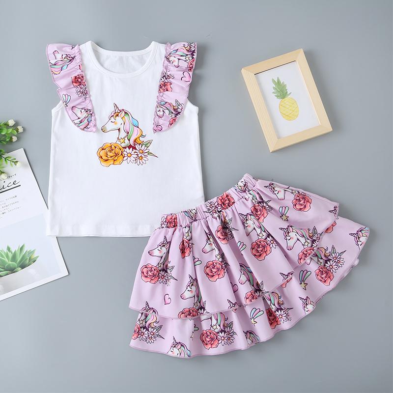 Girls Unicorn Print Top & Ruffle Floral Print Skirt - PrettyKid