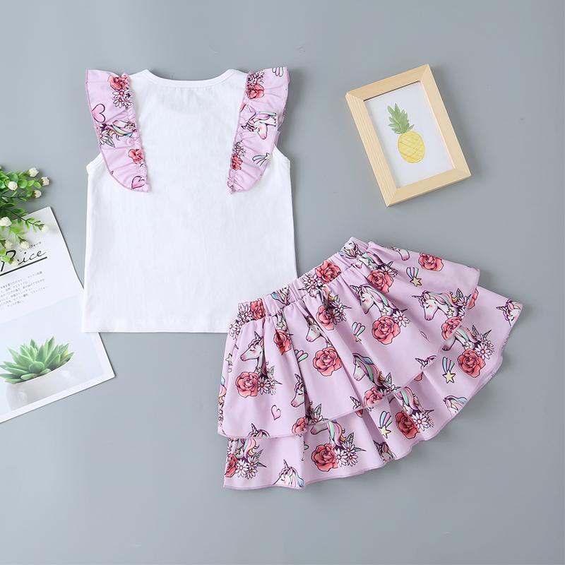 Girls Unicorn Print Top & Ruffle Floral Print Skirt - PrettyKid