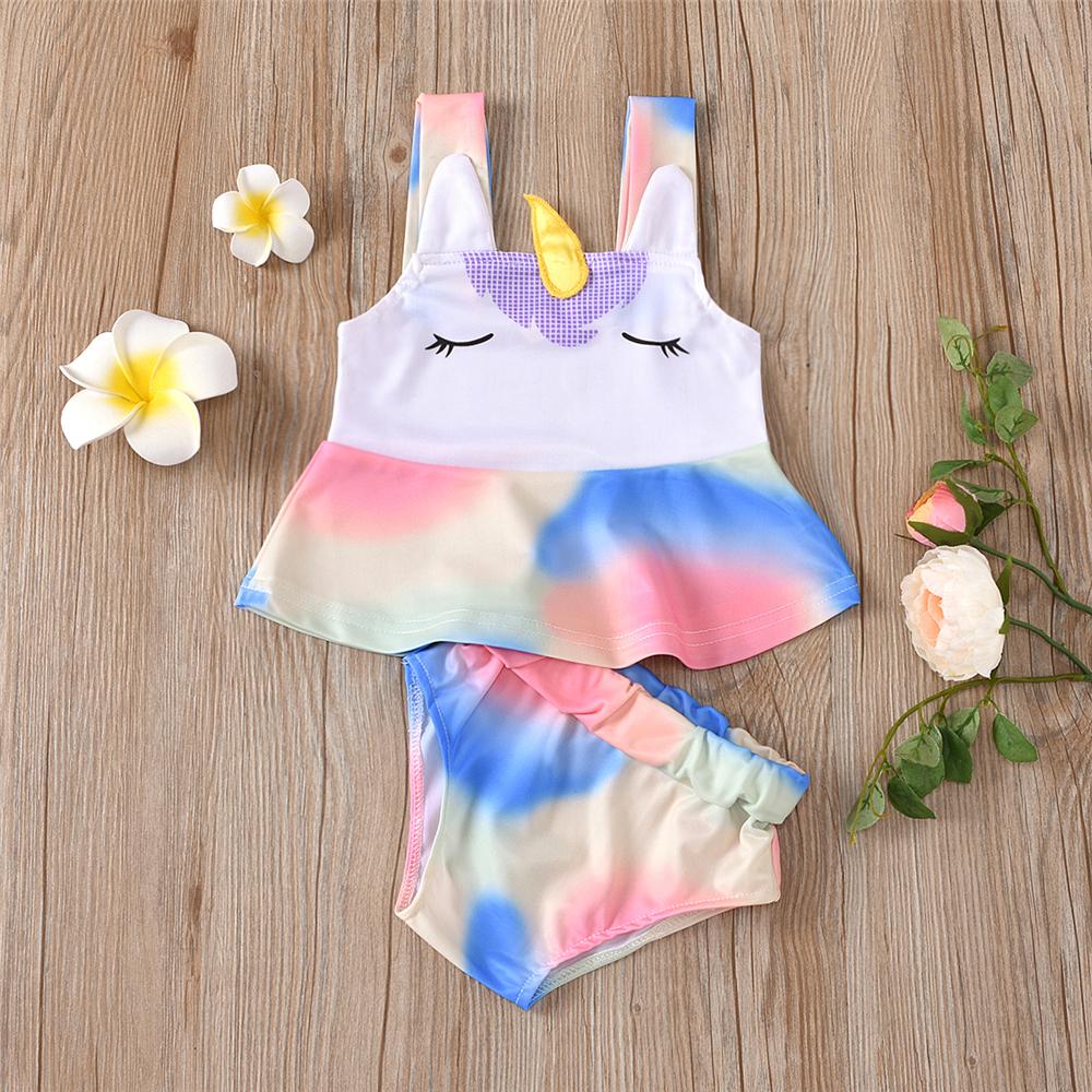 Girls Unicorn Shy Eyelash Rainbow Printed Swimming Suit 2 Piece Swimsuit With Shorts - PrettyKid