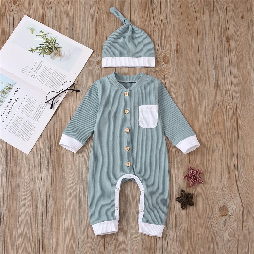 Baby Unisex Button Pocket Long Sleeve Romper & Hat Baby Outfits - PrettyKid