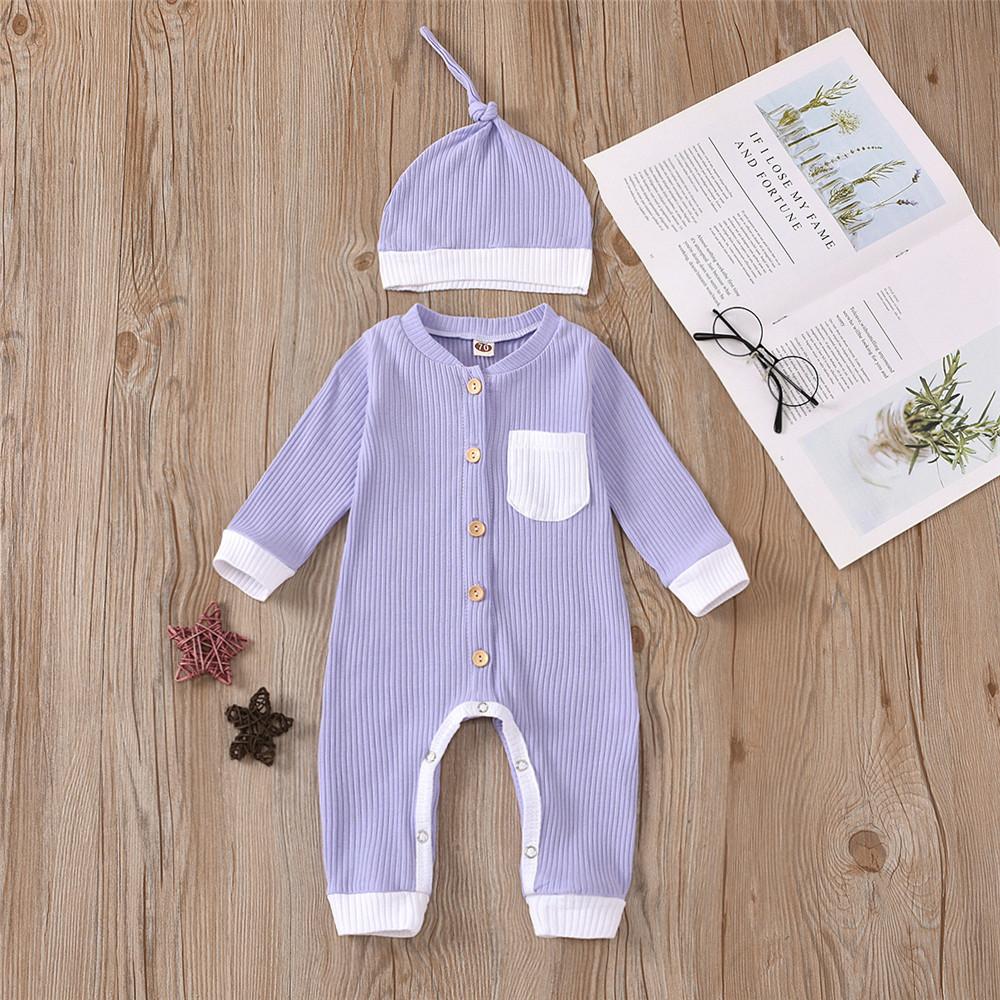 Baby Unisex Button Pocket Long Sleeve Romper & Hat Baby Outfits - PrettyKid