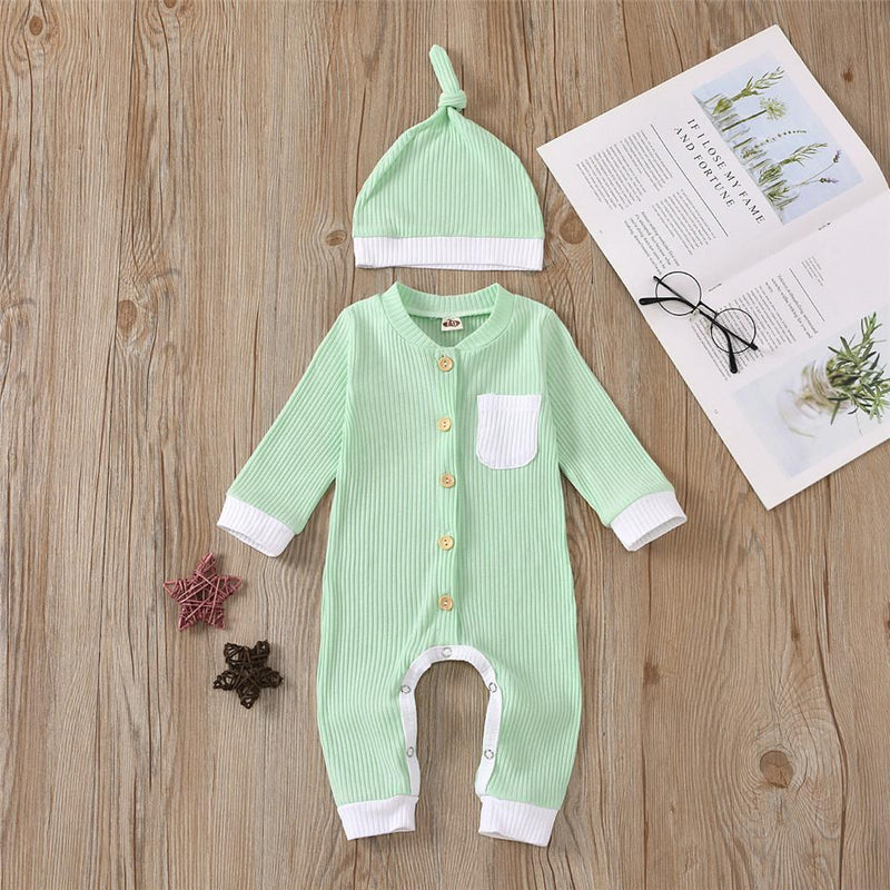 Baby Unisex Button Pocket Long Sleeve Romper & Hat Baby Outfits - PrettyKid