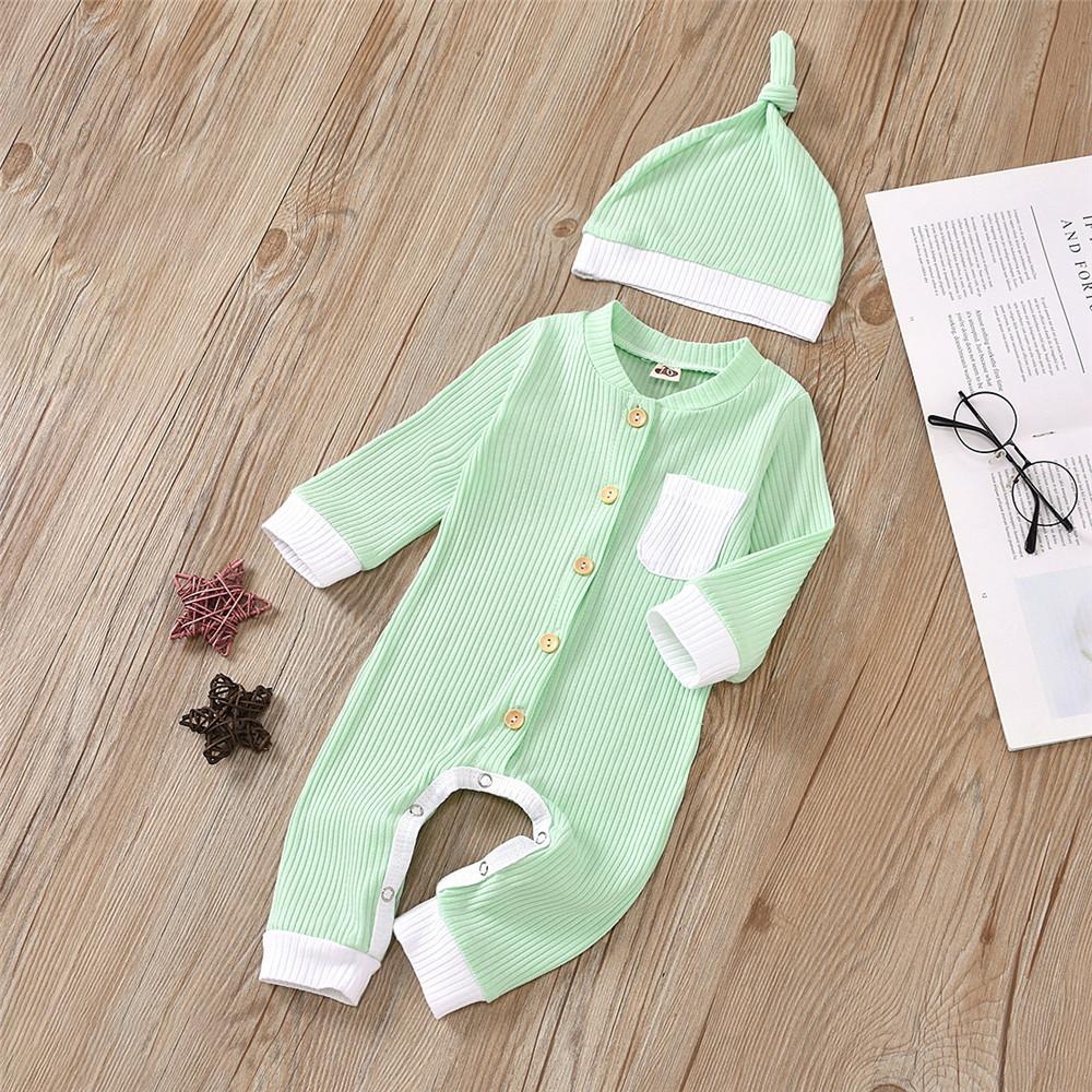 Baby Unisex Button Pocket Long Sleeve Romper & Hat Baby Outfits - PrettyKid