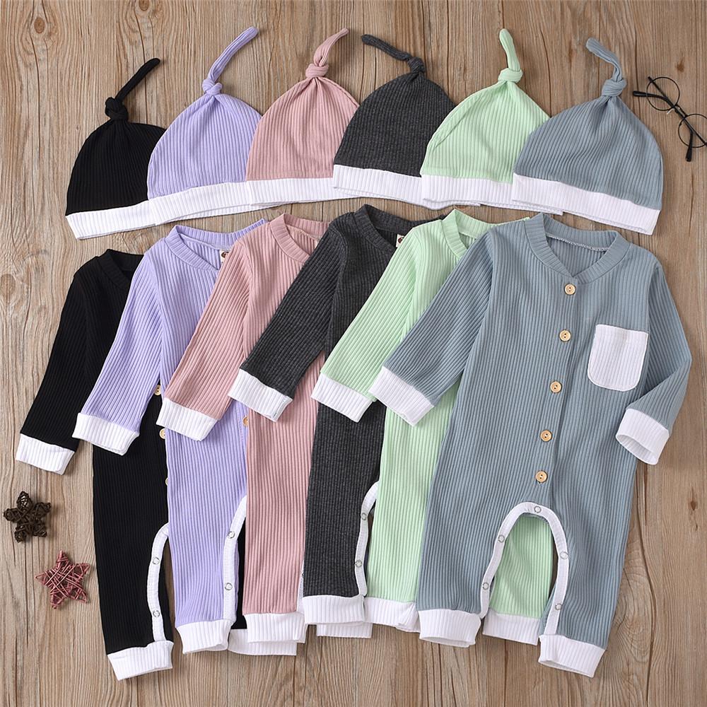 Baby Unisex Button Pocket Long Sleeve Romper & Hat Baby Outfits - PrettyKid