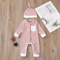 Baby Unisex Button Pocket Long Sleeve Romper & Hat Baby Outfits - PrettyKid