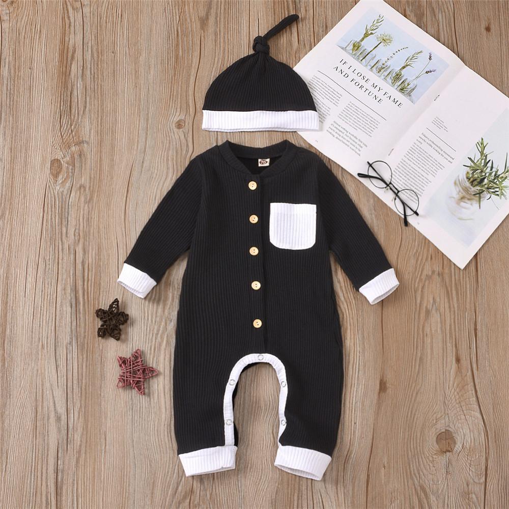 Baby Unisex Button Pocket Long Sleeve Romper & Hat Baby Outfits - PrettyKid