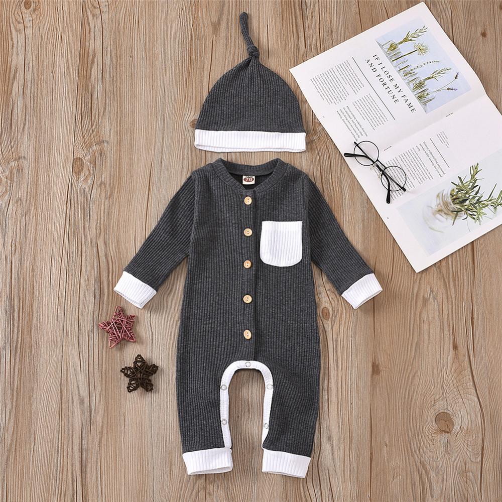 Baby Unisex Button Pocket Long Sleeve Romper & Hat Baby Outfits - PrettyKid