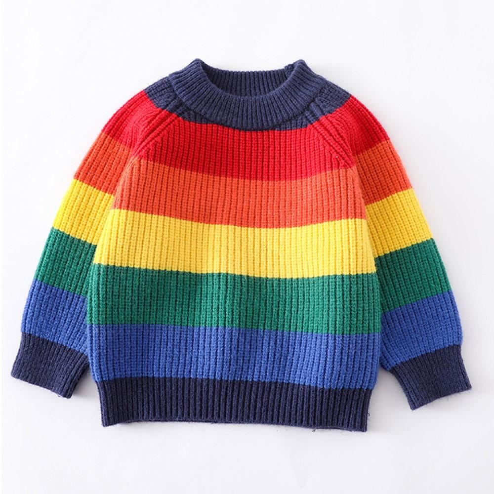 Unisex Kids Rainbow Stripe Long Sleeves Knitting Sweater Boys Wholesale Clothing - PrettyKid