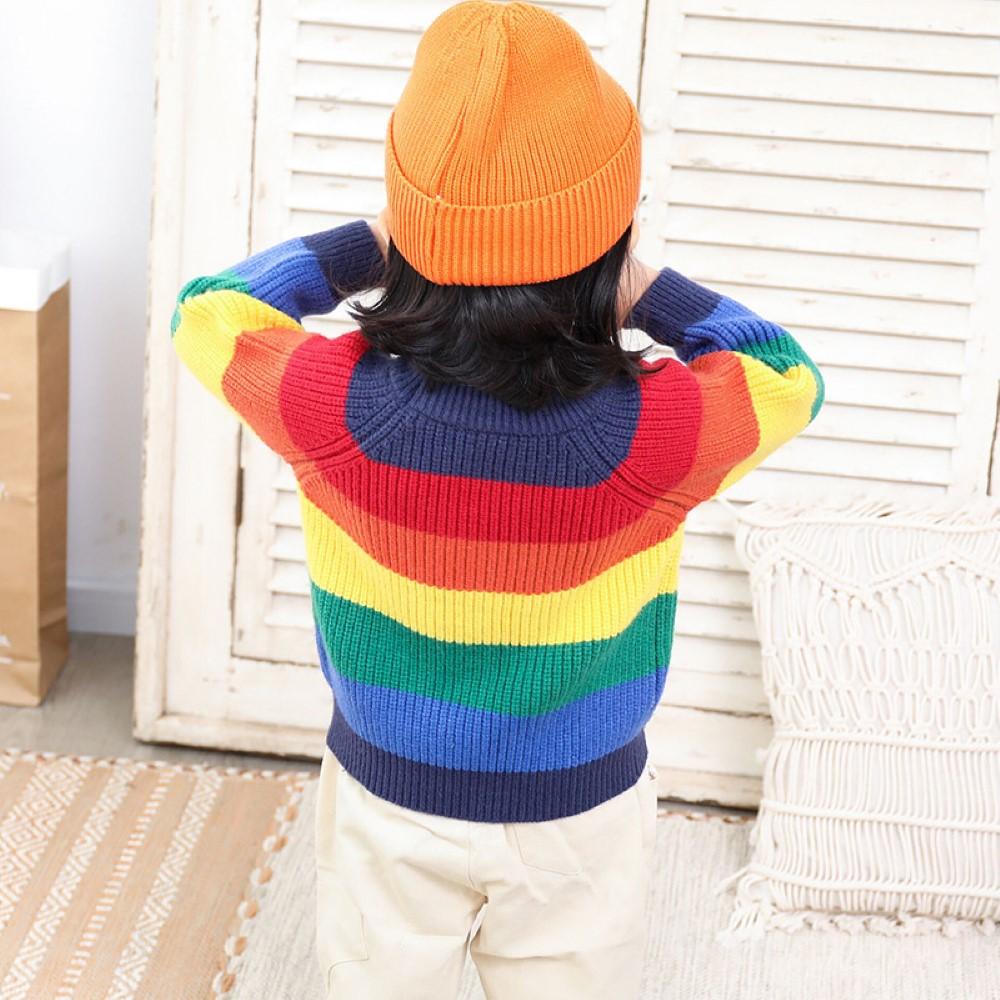 Unisex Kids Rainbow Stripe Long Sleeves Knitting Sweater Boys Wholesale Clothing PrettyKid