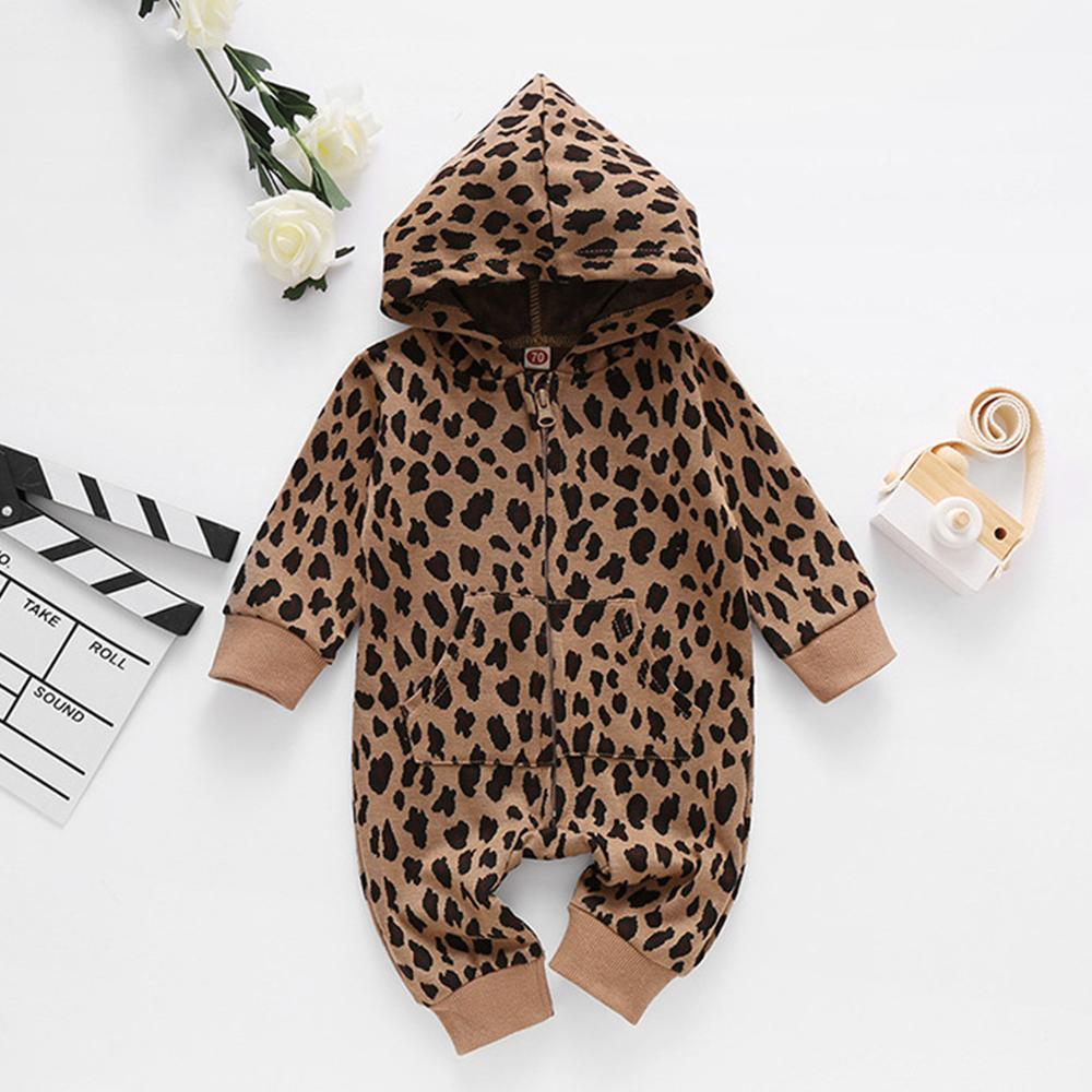 Baby Unisex Leopard Zipper Hooded Long Sleeve Romper - PrettyKid