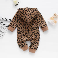 Baby Unisex Leopard Zipper Hooded Long Sleeve Romper - PrettyKid