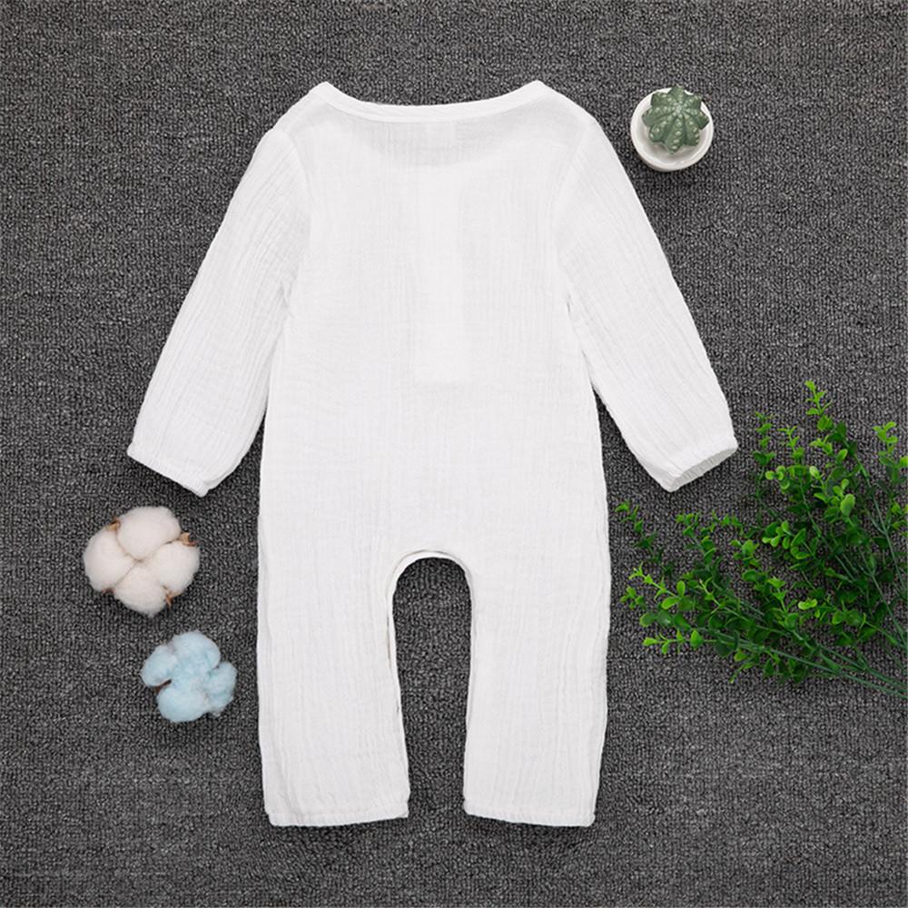 Baby Unisex Linen Solid Button Long Sleeve Rompers - PrettyKid