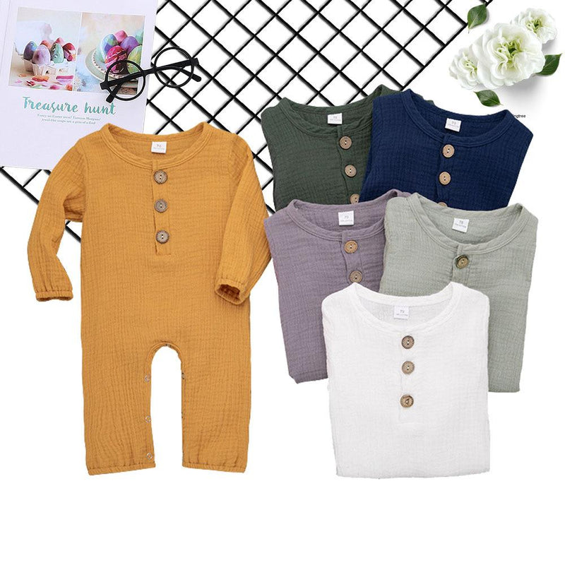 Baby Unisex Linen Solid Button Long Sleeve Rompers - PrettyKid