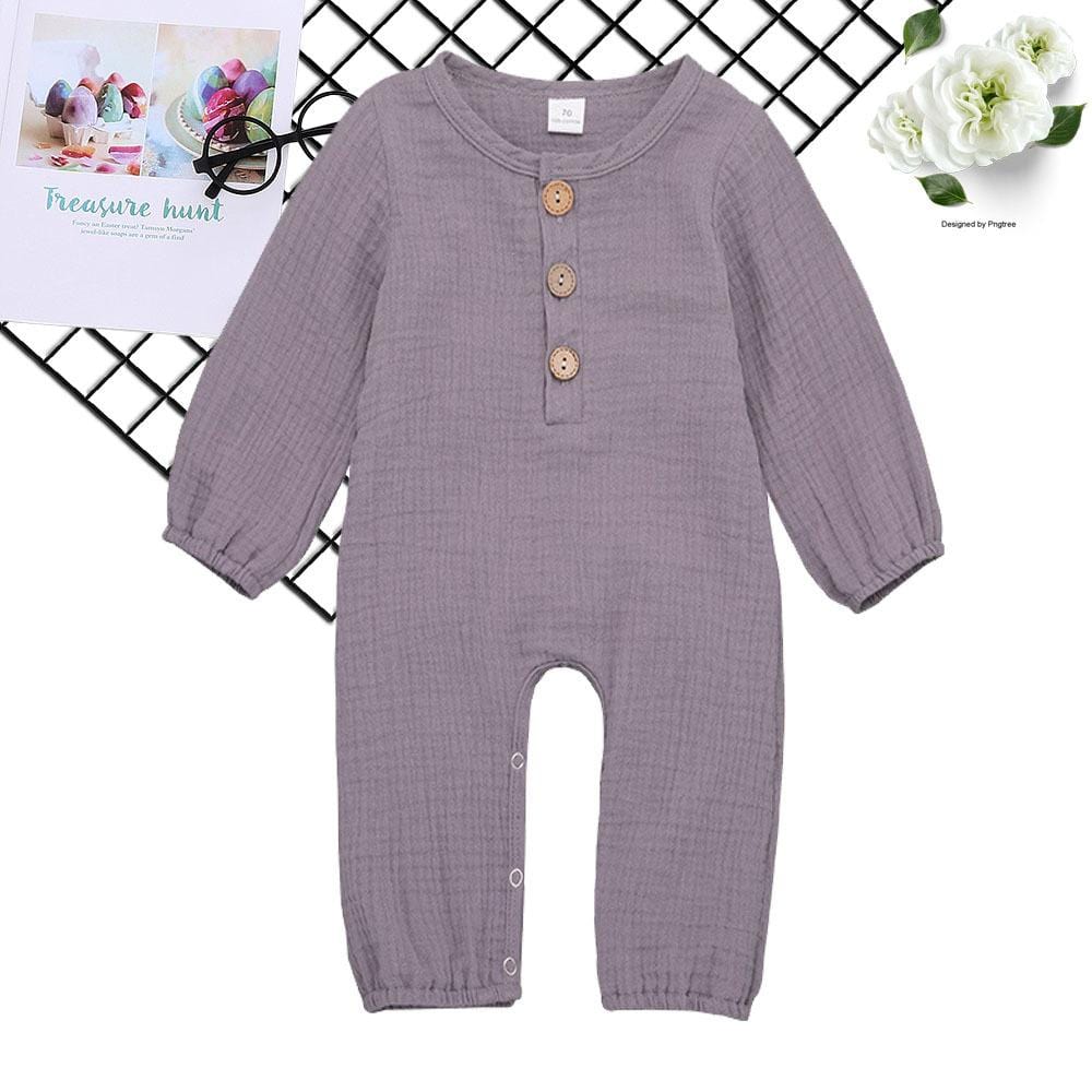 Baby Unisex Linen Solid Button Long Sleeve Rompers - PrettyKid