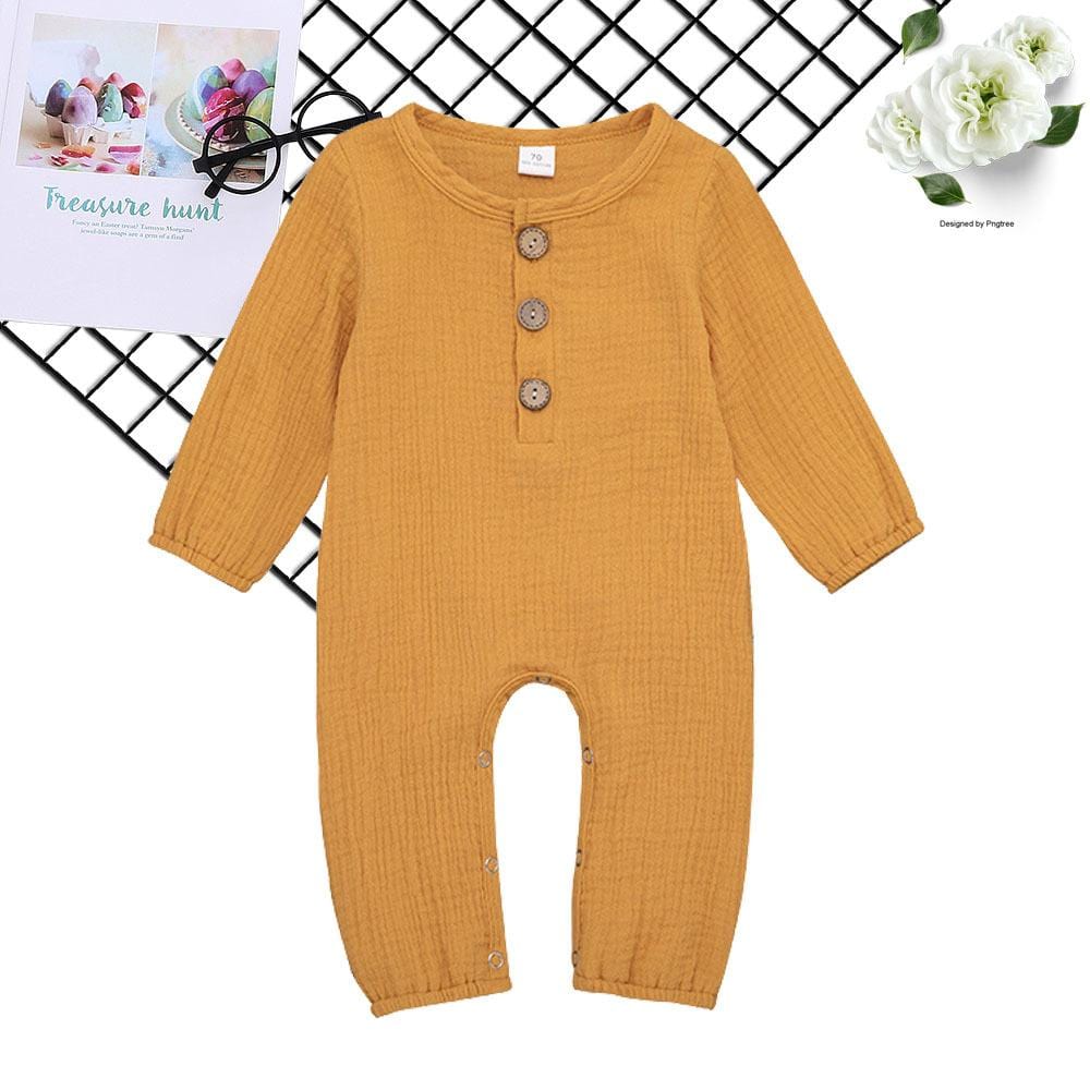 Baby Unisex Linen Solid Button Long Sleeve Rompers - PrettyKid