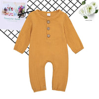 Baby Unisex Linen Solid Button Long Sleeve Rompers - PrettyKid