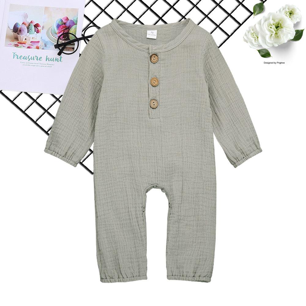 Baby Unisex Linen Solid Button Long Sleeve Rompers - PrettyKid