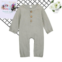 Baby Unisex Linen Solid Button Long Sleeve Rompers - PrettyKid