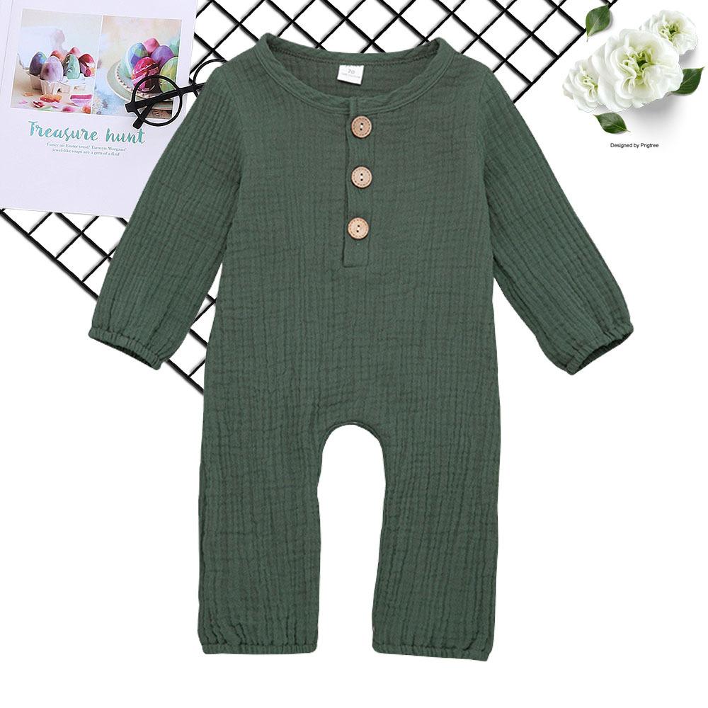 Baby Unisex Linen Solid Button Long Sleeve Rompers - PrettyKid