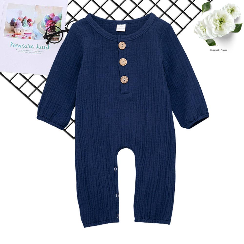 Baby Unisex Linen Solid Button Long Sleeve Rompers - PrettyKid