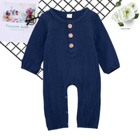 Baby Unisex Linen Solid Button Long Sleeve Rompers - PrettyKid