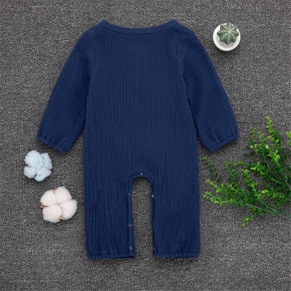 Baby Unisex Linen Solid Button Long Sleeve Rompers - PrettyKid