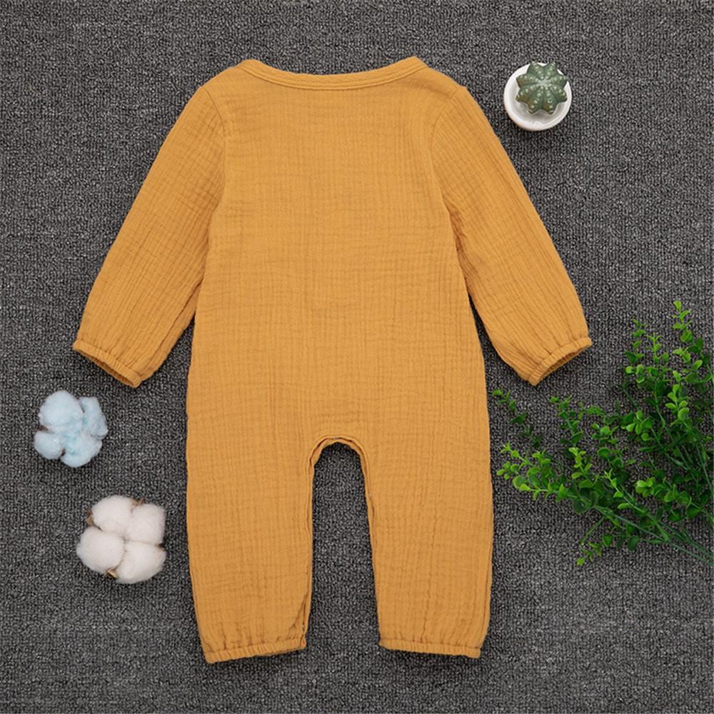 Baby Unisex Linen Solid Button Long Sleeve Rompers - PrettyKid