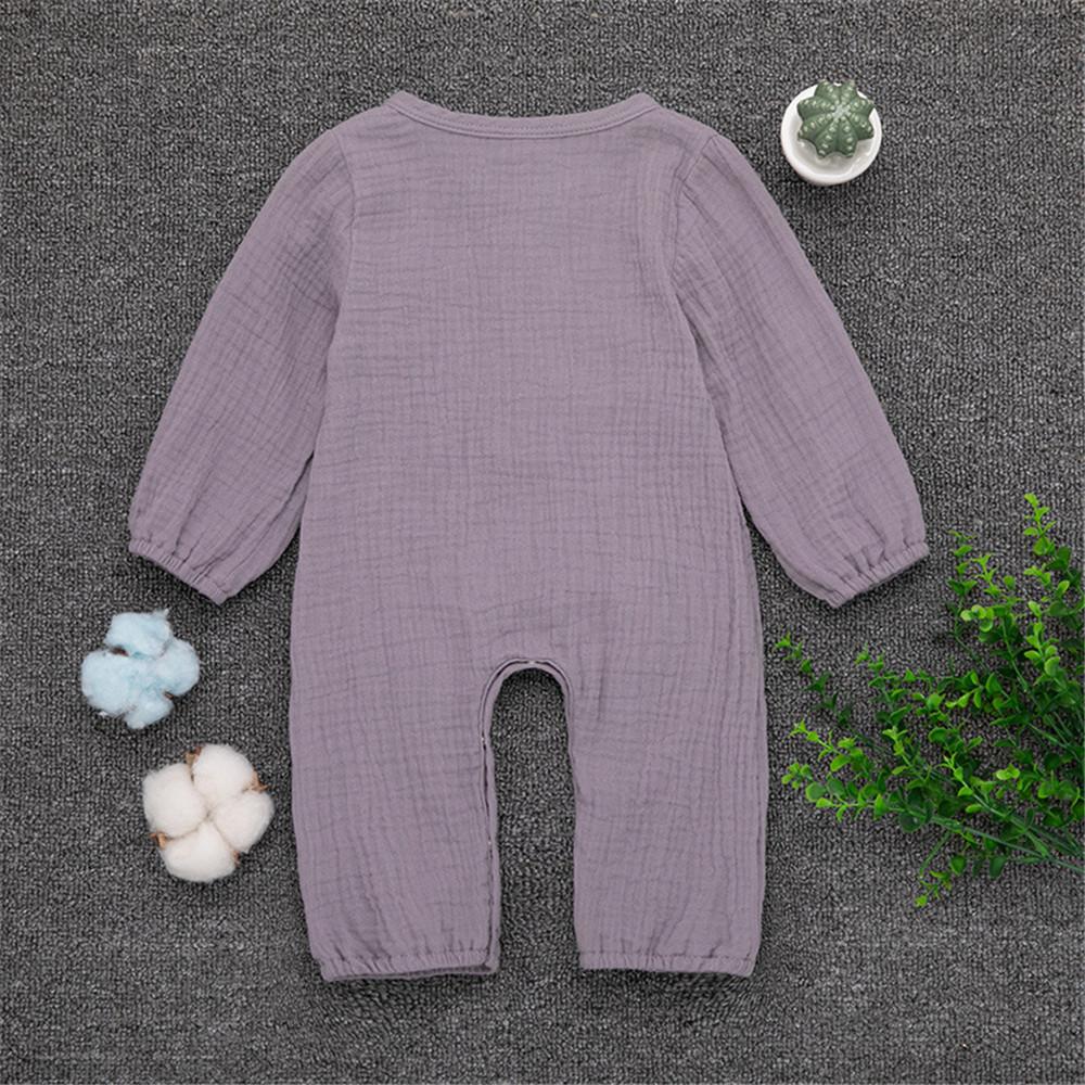 Baby Unisex Linen Solid Button Long Sleeve Rompers - PrettyKid