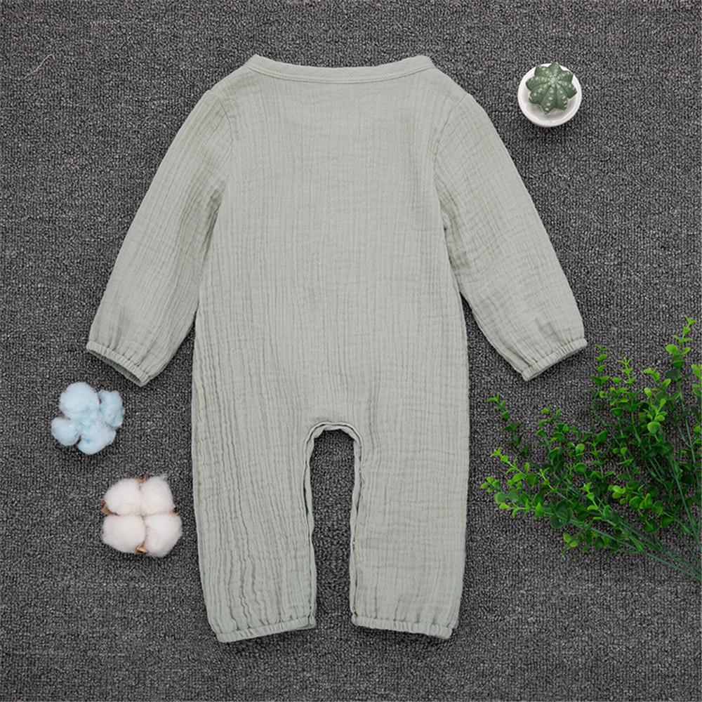 Baby Unisex Linen Solid Button Long Sleeve Rompers - PrettyKid