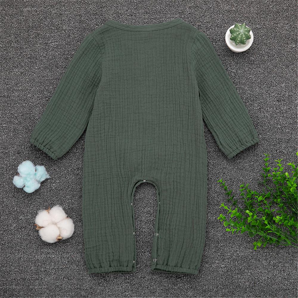 Baby Unisex Linen Solid Button Long Sleeve Rompers - PrettyKid