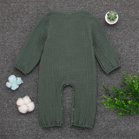 Baby Unisex Linen Solid Button Long Sleeve Rompers - PrettyKid