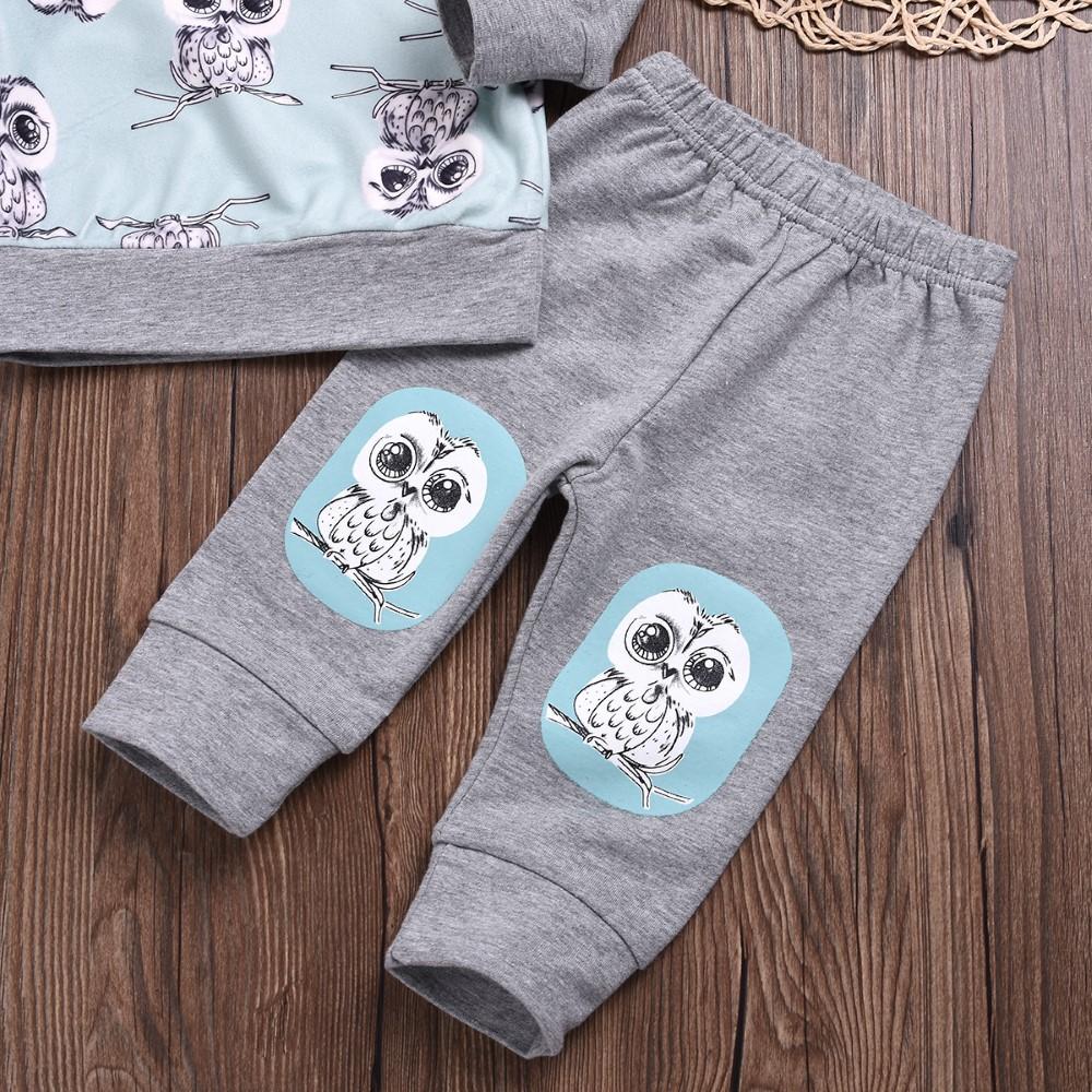 Unisex Owl Cartoon Printed Hooded Top & Pants Boys Casual Suits - PrettyKid