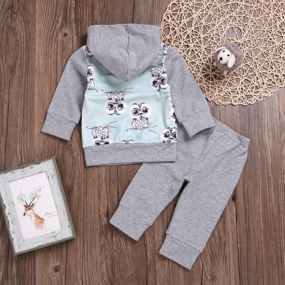 Unisex Owl Cartoon Printed Hooded Top & Pants Boys Casual Suits - PrettyKid