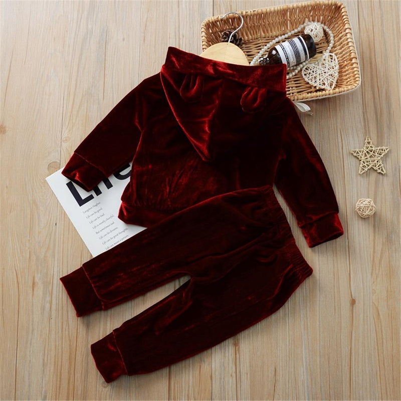 Toddler Girls Velvet Solid Hooded Long Sleeve Top & Pants Girl Wholesale - PrettyKid