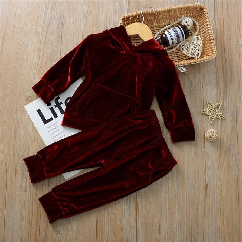 Toddler Girls Velvet Solid Hooded Long Sleeve Top & Pants Girl Wholesale - PrettyKid