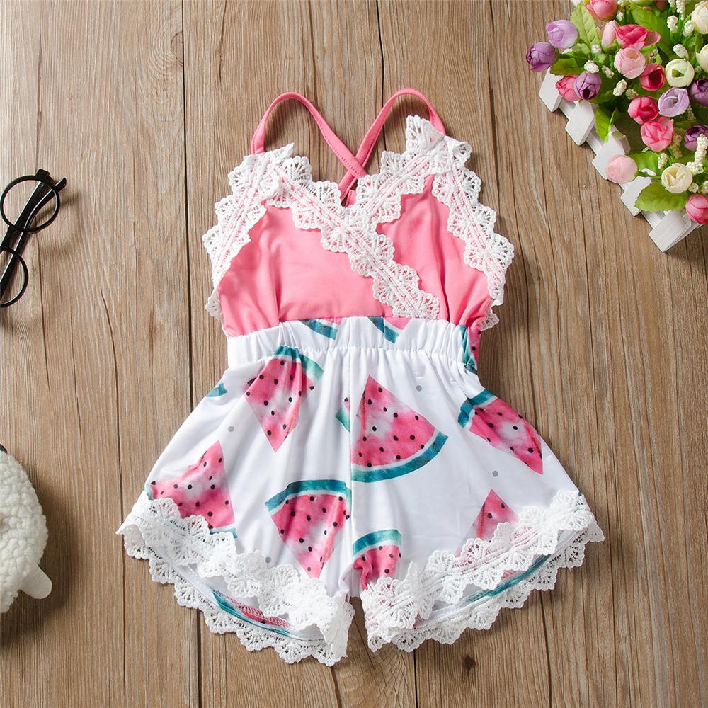 Baby Girls Watermelon Printed Lace Tank Jumpsuit Wholesale Baby Rompers - PrettyKid