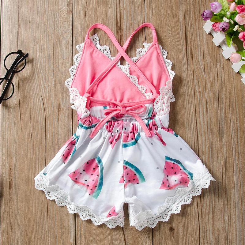 Baby Girls Watermelon Printed Lace Tank Jumpsuit Wholesale Baby Rompers - PrettyKid